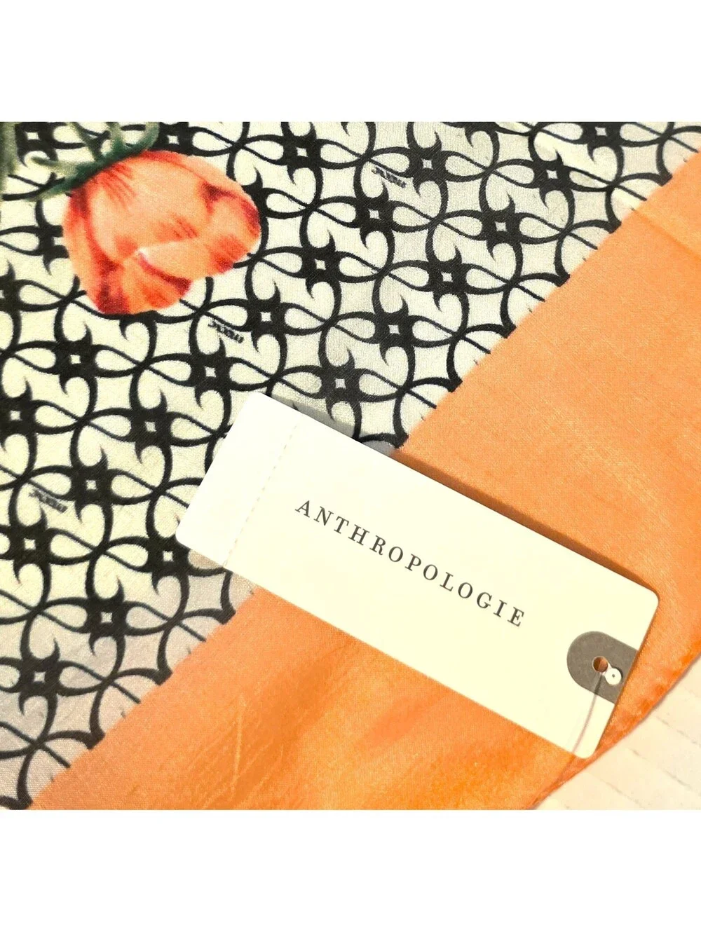 NWT Anthropologie Maeve Flora Silk Square Scarf Orange Geometric Botanical 36